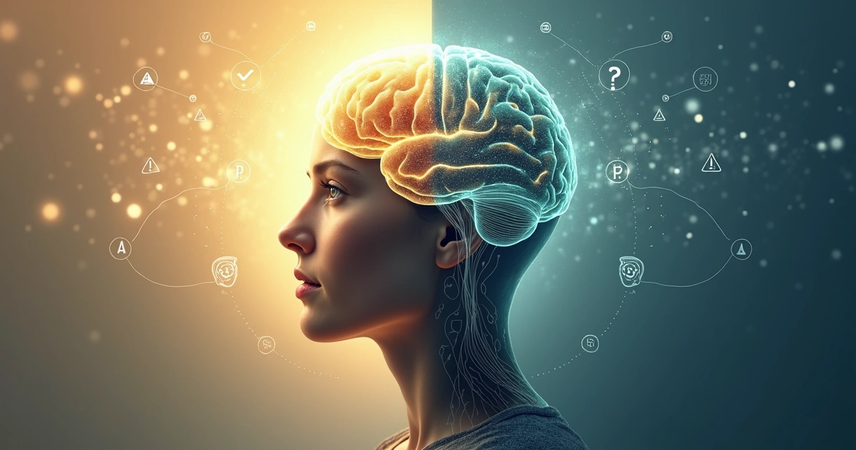 Cerebro dividido entre conciencia integrada luminosa y moral clásica rígida 