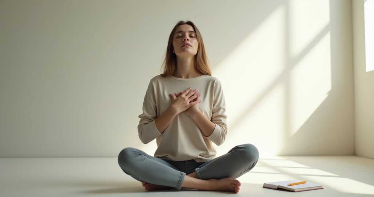 Persona sentada meditando en interior luminoso, expresión reflexiva