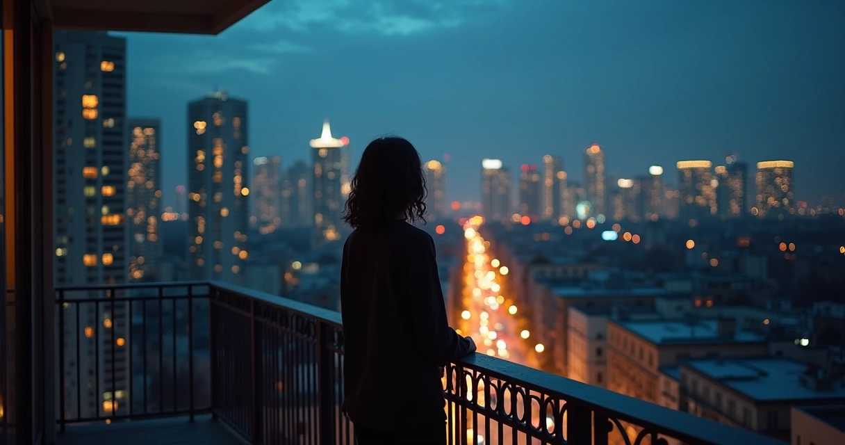 Silhouette of a person on a balcony overlooking the city with subtle light patterns connecting buildings 