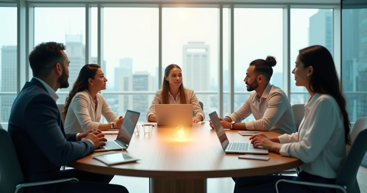 Equipo directivo en mesa redonda con silueta luminosa de campo energético compartido 