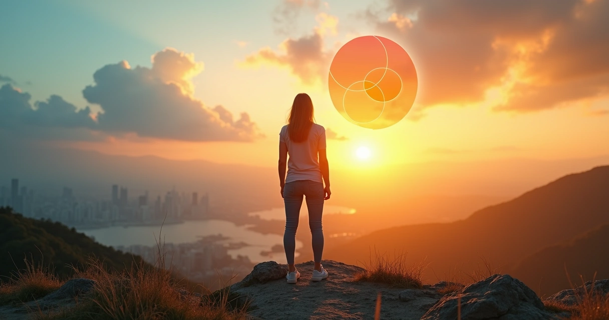 Persona mirando un paisaje dividido entre mitos y claridad consciente 