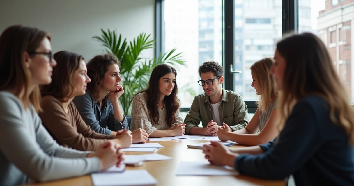 Grupo de personas reflexionando juntos en ambiente moderno