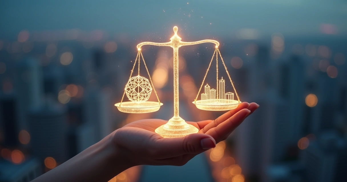 Mano sosteniendo balanza de luz sobre una ciudad nocturna 