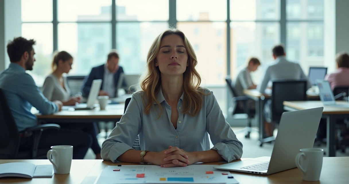 Profesional en oficina calmado rodeado de colegas estresados 