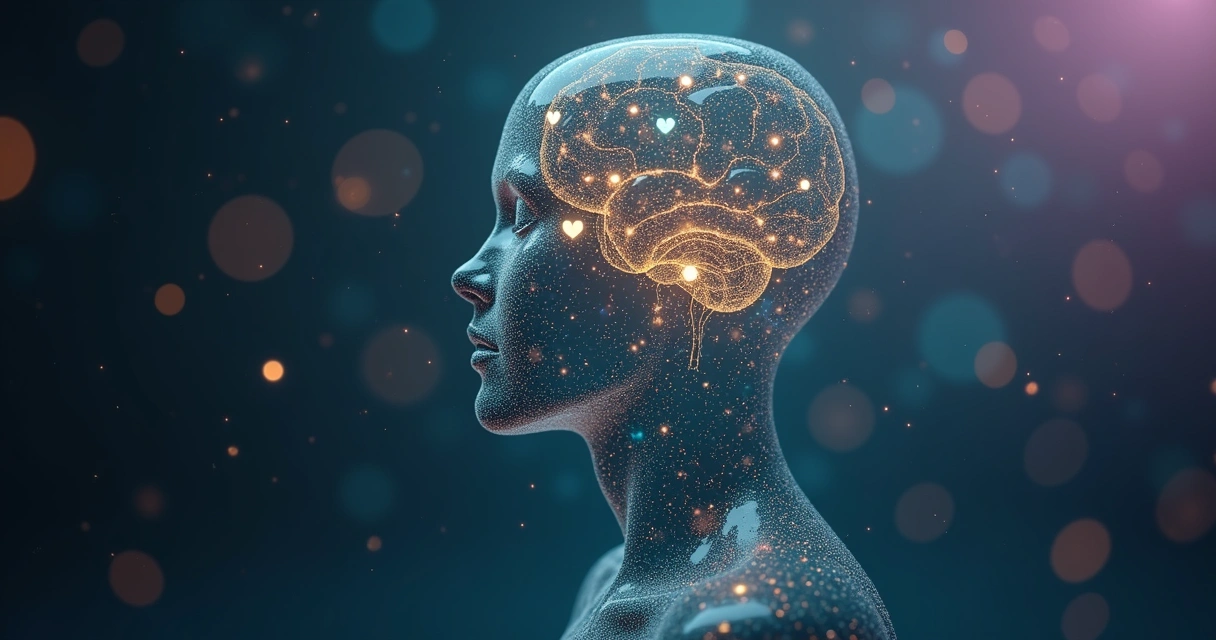 Perfil humano formado por iconos de redes integrado en una red luminosa 