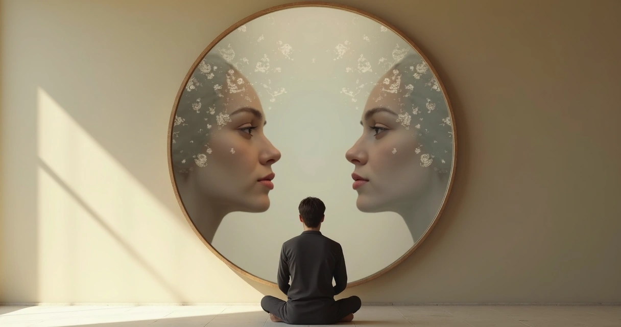 Persona reflexionando frente a un espejo con fondo suave 