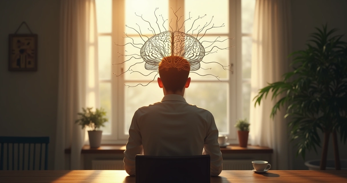 Persona sentada reflexionando con silueta superpuesta del cerebro 