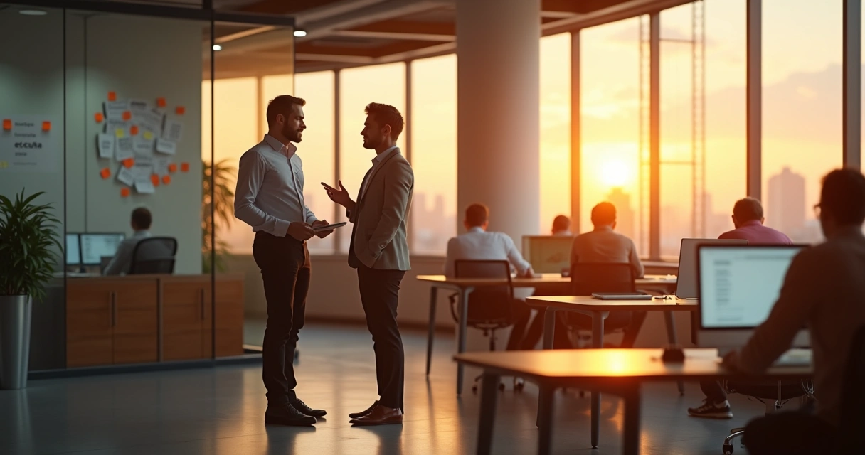 Oficina al amanecer donde dos personas conversan mientras otras trabajan en fondo sereno 