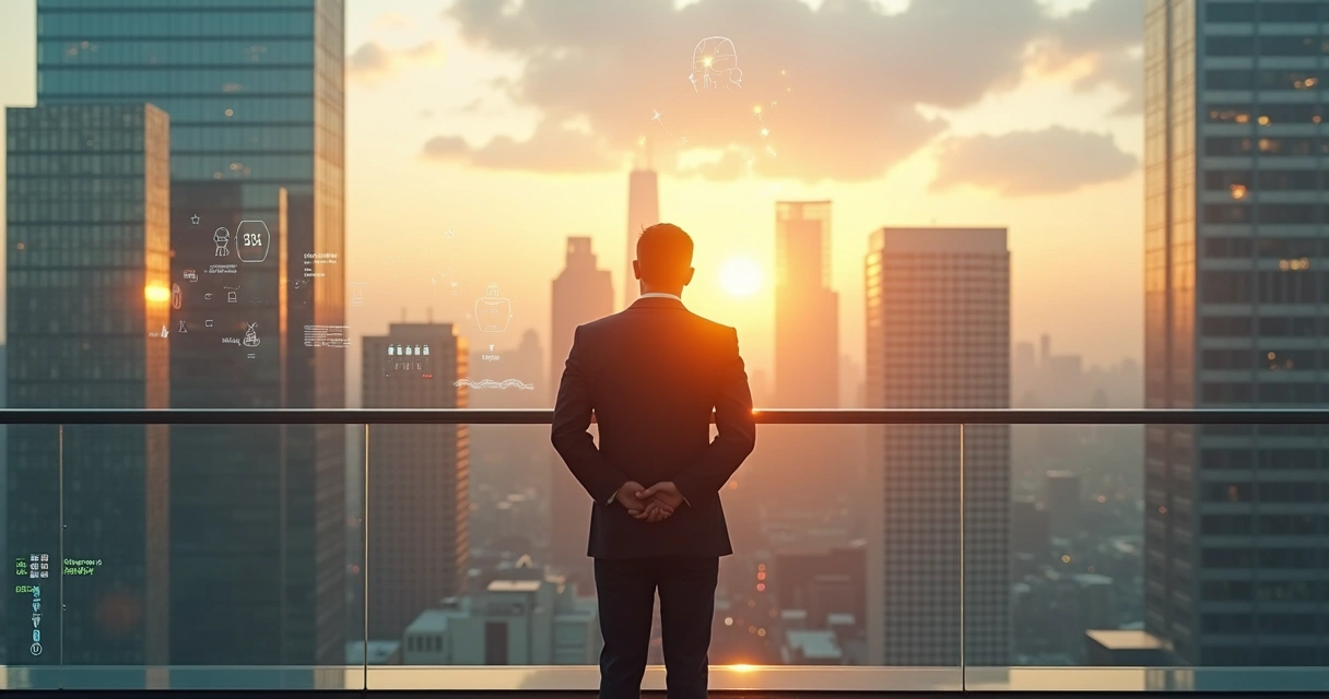 Líder empresarial observando silueta luminosa sobre ciudad con gráficos de reputación 