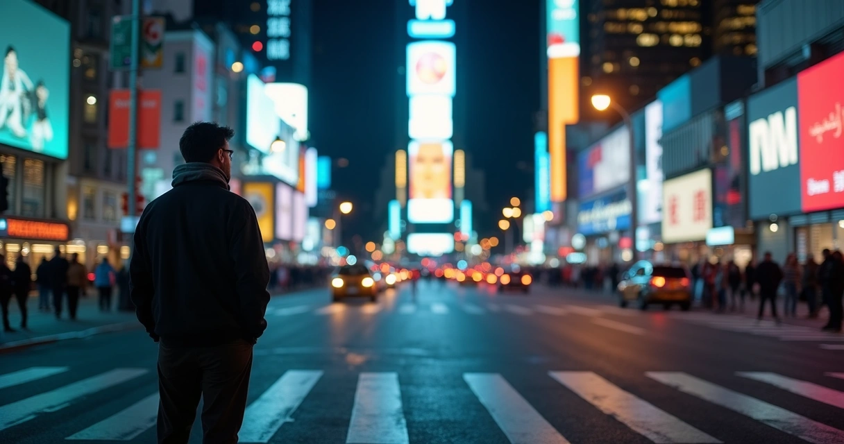 Persona reflexiva en un entorno urbano iluminado y moderno