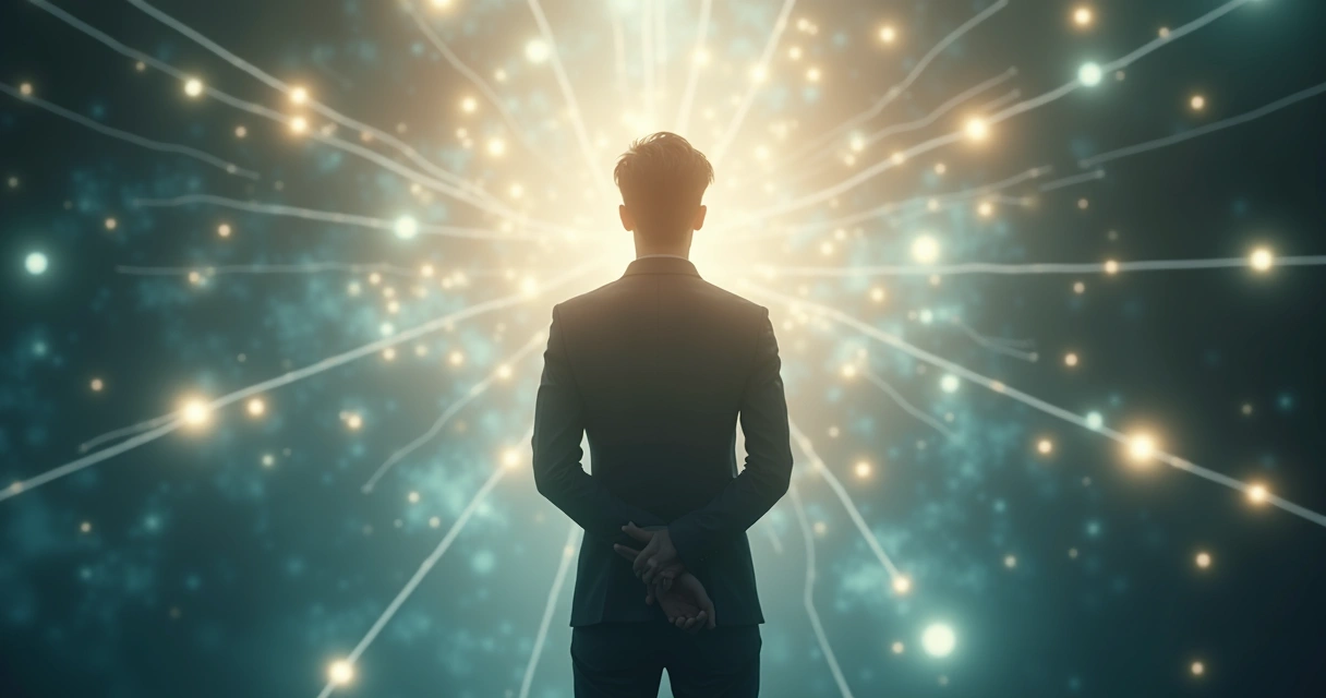 Persona sobre fondo difuso con conexiones que simbolizan vínculos sistémicos 