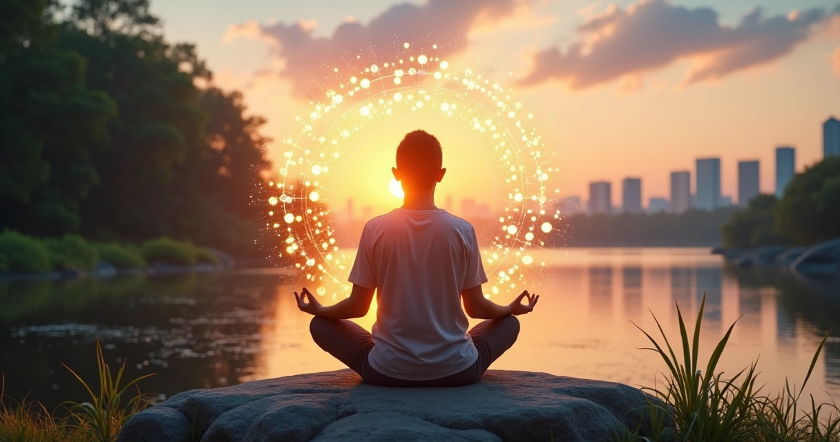 Persona meditando al amanecer conectada con la naturaleza y la ciudad 