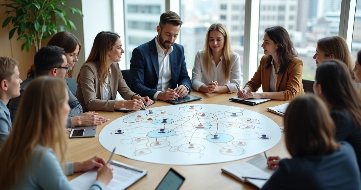 Equipo de trabajo diverso reunido en una mesa redonda con un esquema de conexiones sistémicas sobre la mesa 
