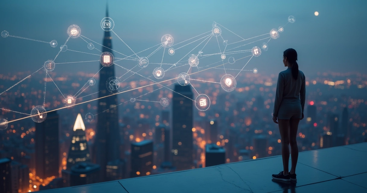 Persona observando una red interconectada que simboliza conciencia sistémica y ética 