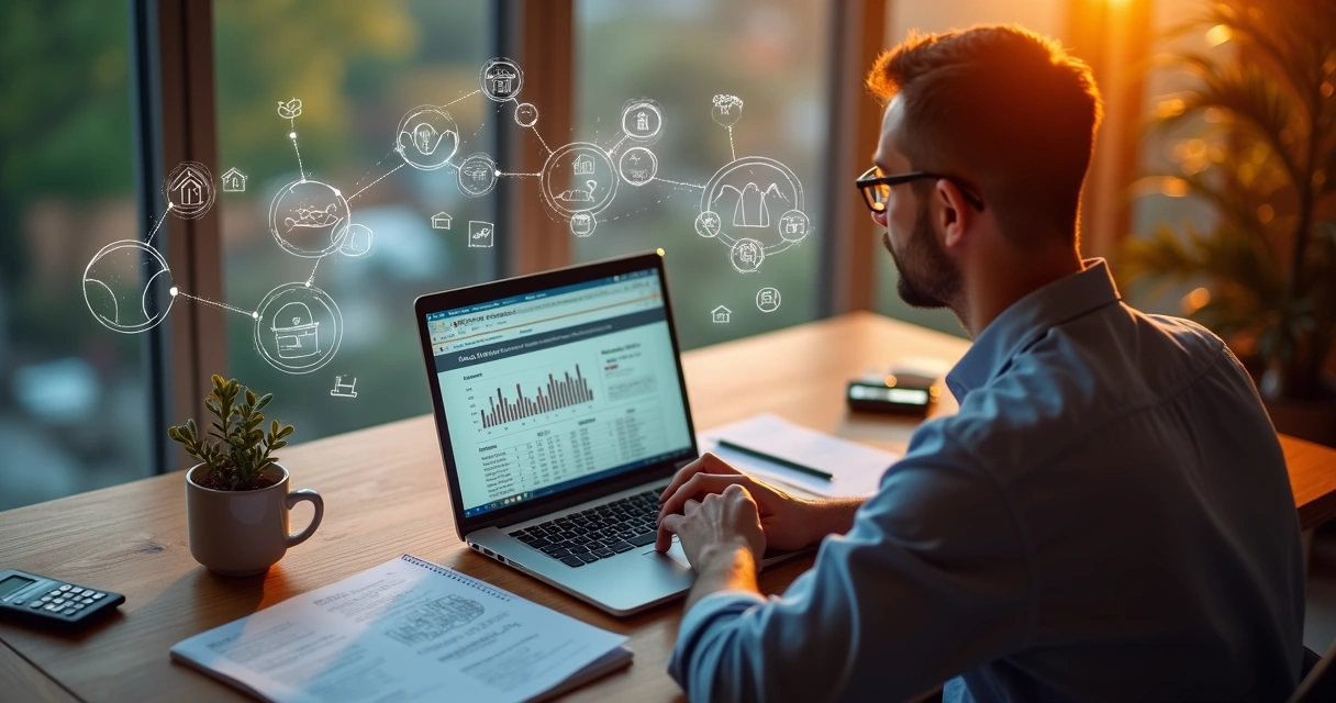 Persona analizando finanzas con conexión a sistemas interrelacionados 