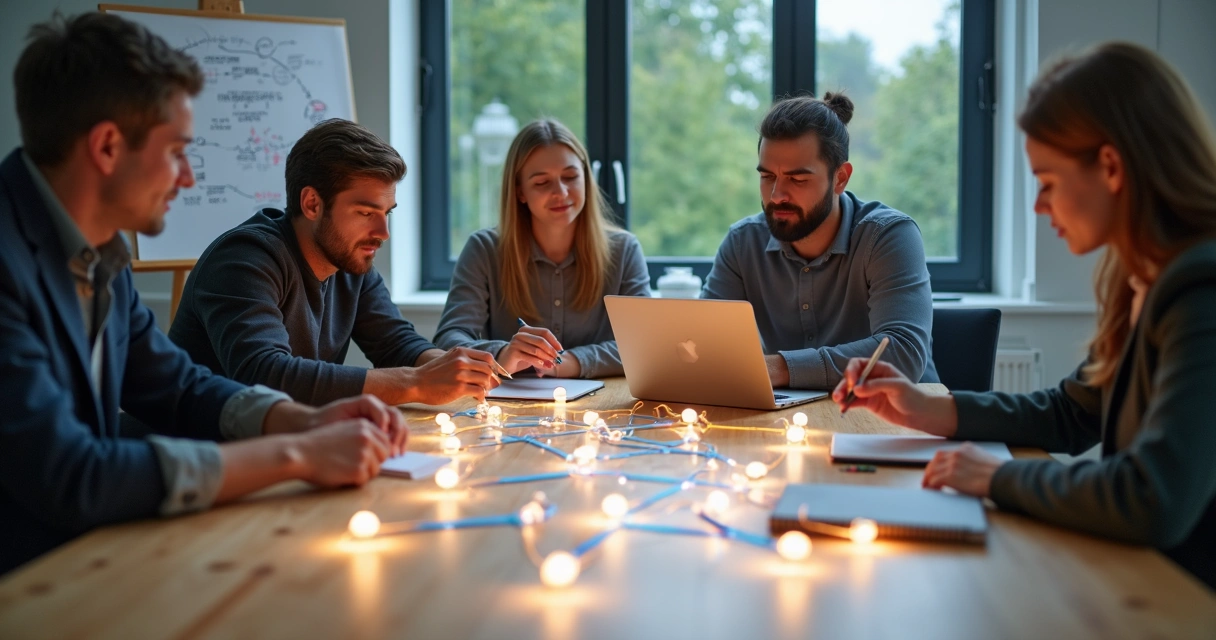 Equipo creativo conectando piezas luminosas en forma de red 