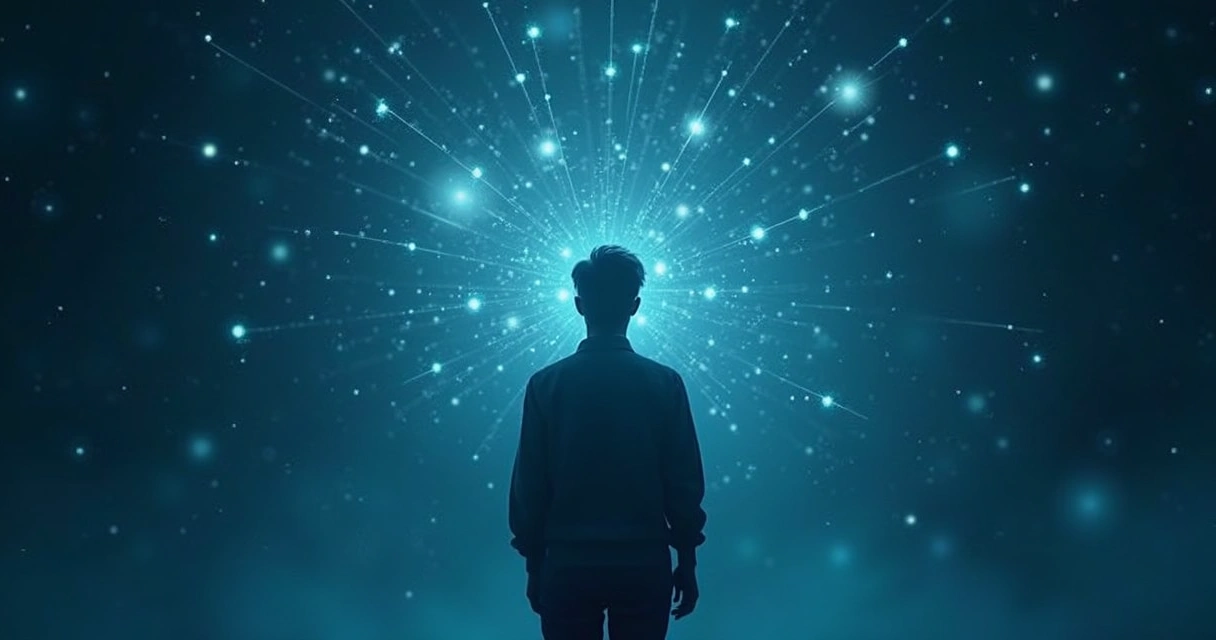 Persona conectada a una red luminosa de relaciones y sistemas interconectados 