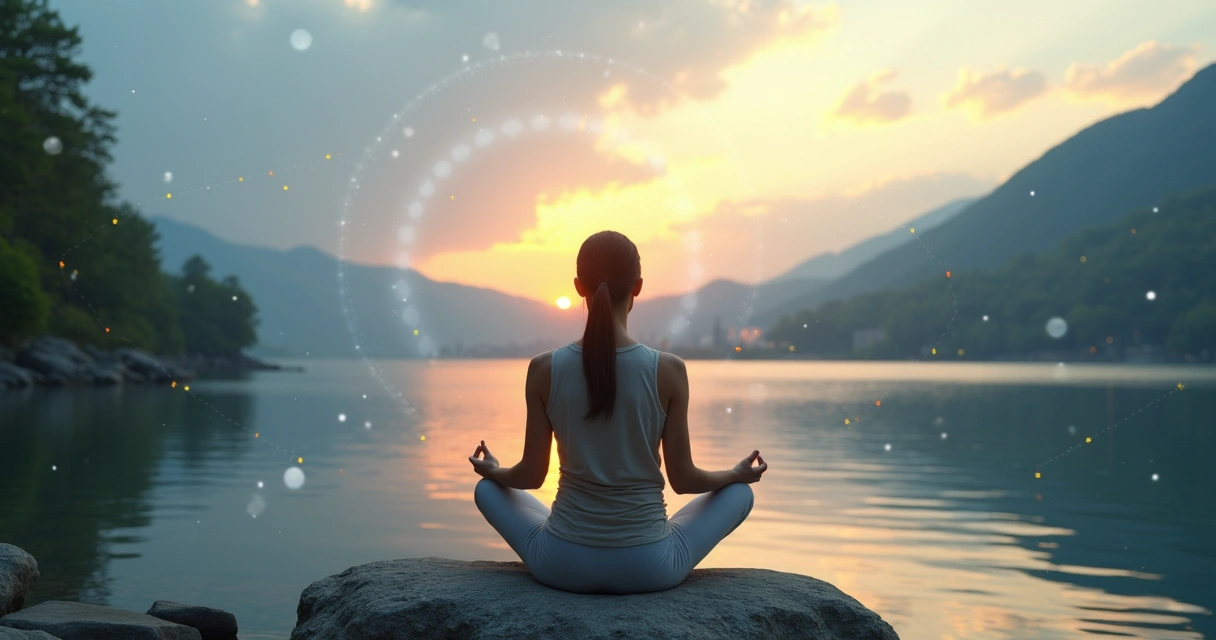 Persona meditando rodeada de conexiones sistémicas naturales y urbanas 