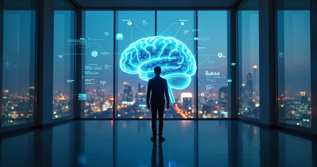 Persona observando holograma digital de cerebro iluminado rodeado de datos y ciudad futurista 