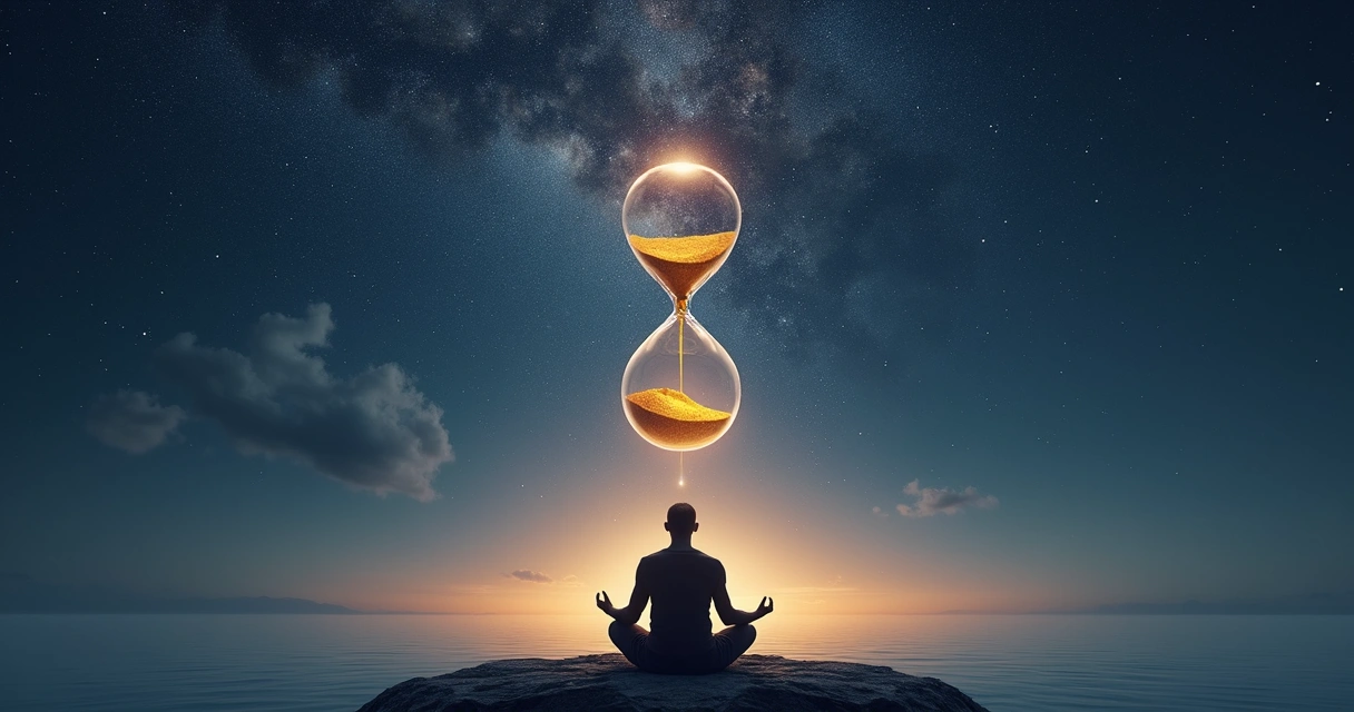 Reloj de arena flotando sobre una persona meditando bajo un cielo estrellado 