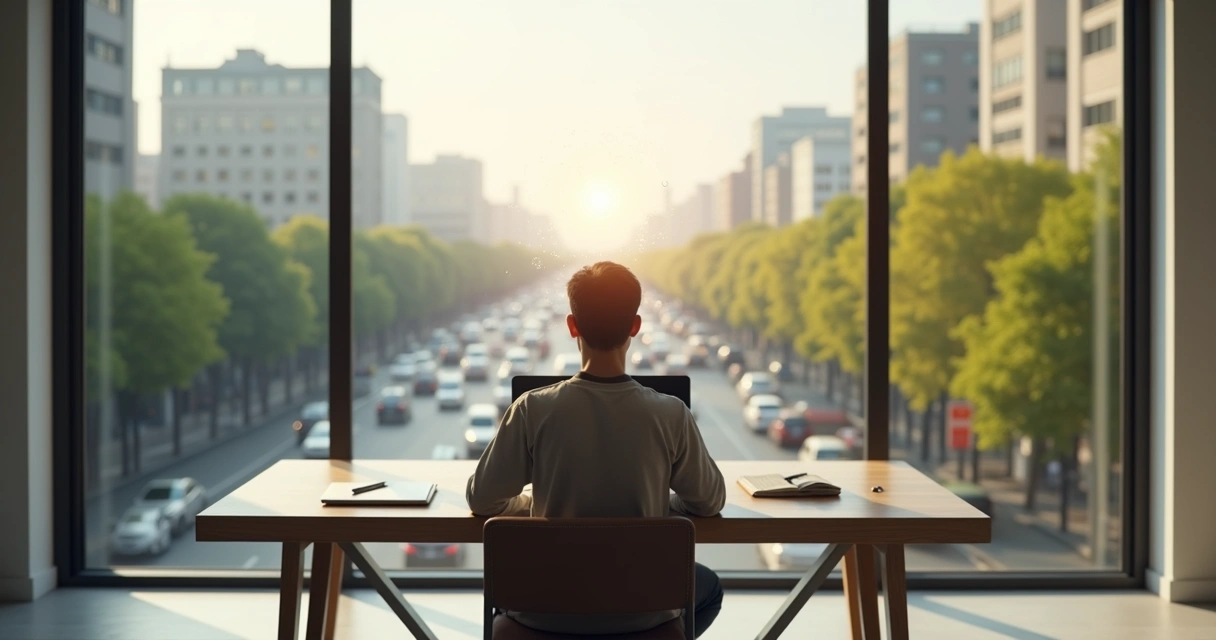 Persona trabajando frente a una ventana con ciudad dividida entre caos y armonía 