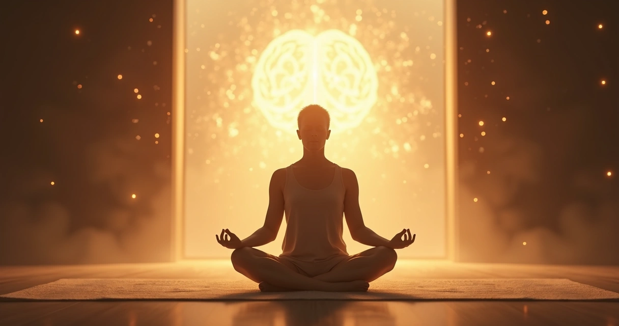 Persona meditando en posición de loto rodeada de luz suave 