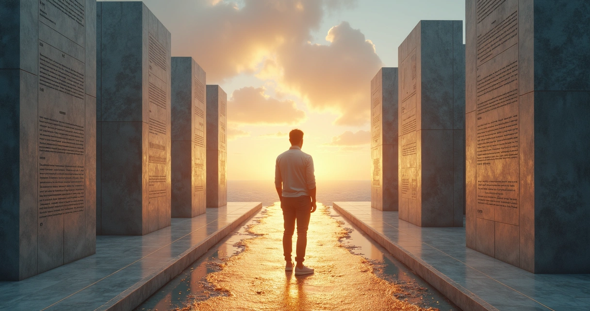 Persona frente a camino dividido entre códigos rígidos y conciencia luminosa 