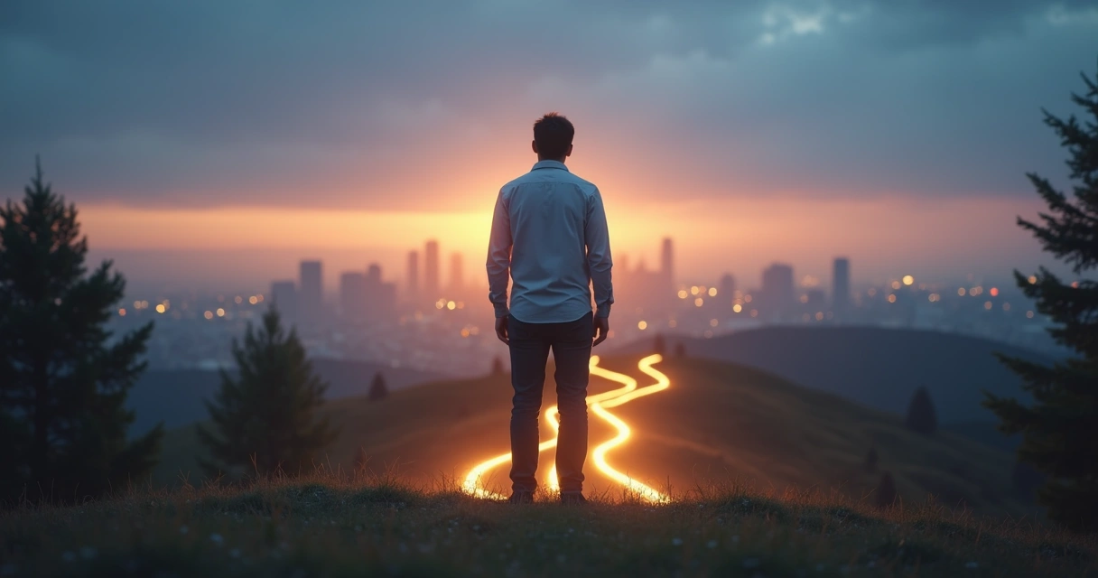 Persona en un cruce de caminos mirando una ciudad iluminada al amanecer 