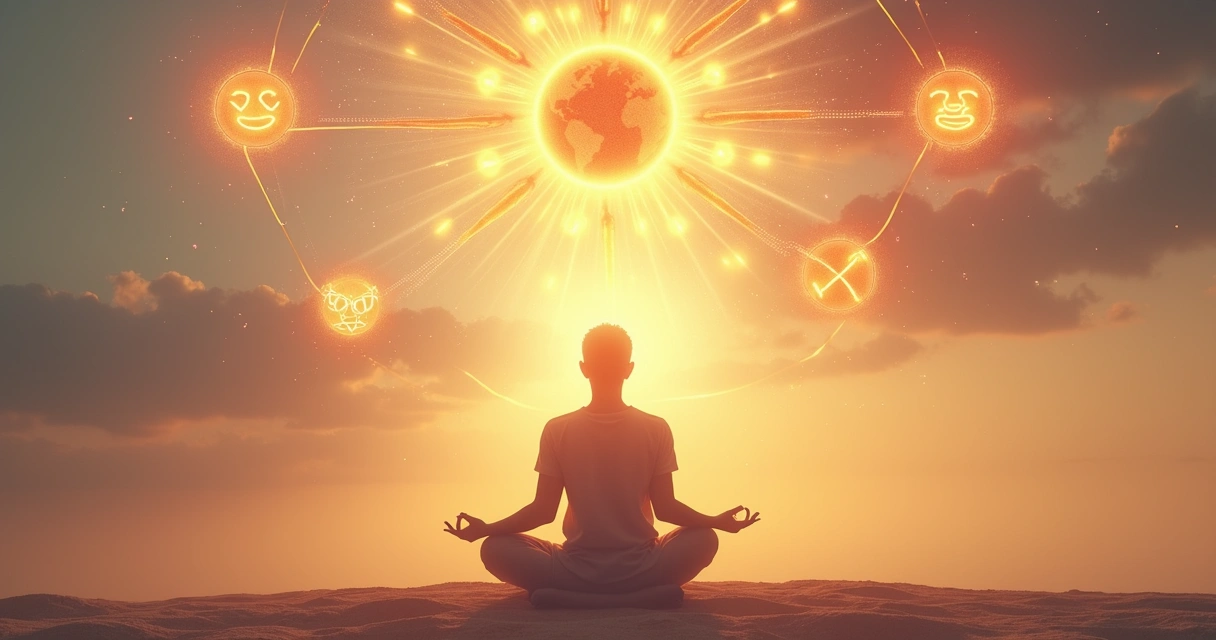 Persona en meditación rodeada de símbolos de conciencia y conexión 