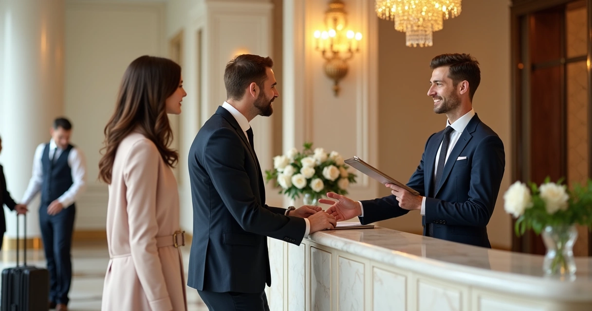 Concierge atendendo casal em recepção elegante 