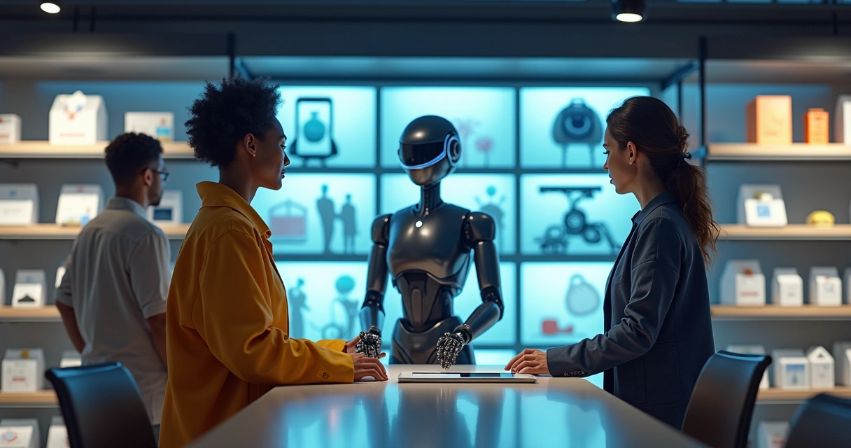 Robô de IA auxiliando pessoas em loja digital 