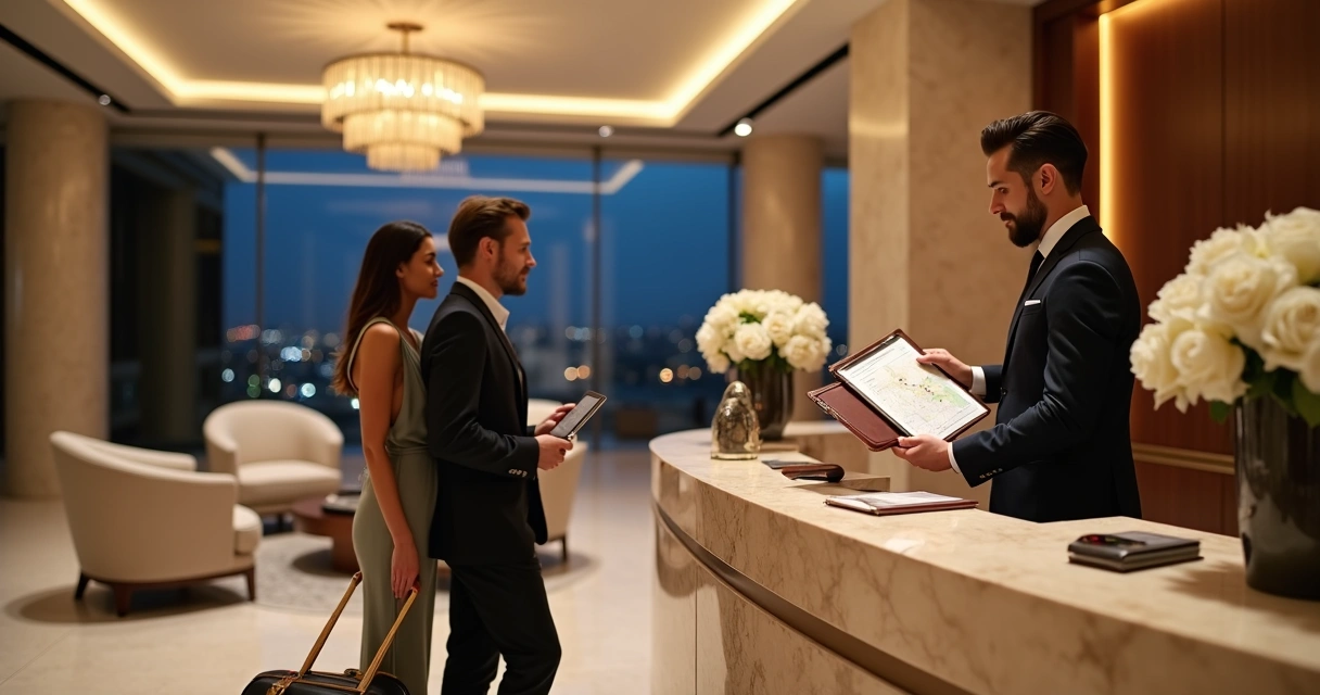 Concierge de hotel de luxo recebendo casal em lobby sofisticado 