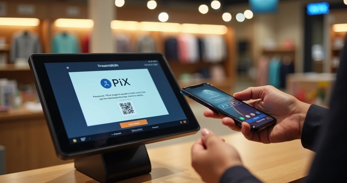 Terminal de pagamento com tela exibindo confirmação automática de Pix em caixa de loja 