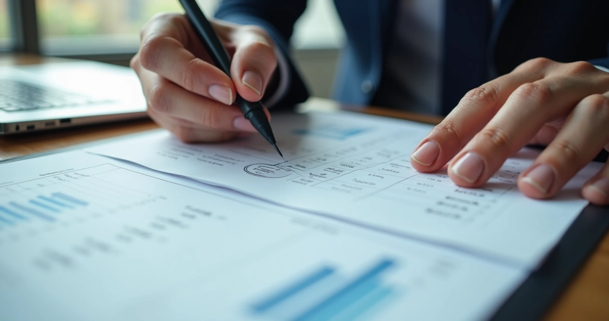Pessoa conciliando extrato bancário com registros financeiros na tela do notebook, usando caneta e papéis de apoio