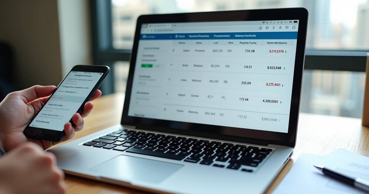 Pessoa utilizando sistema de conciliação bancária digital na tela de um notebook 