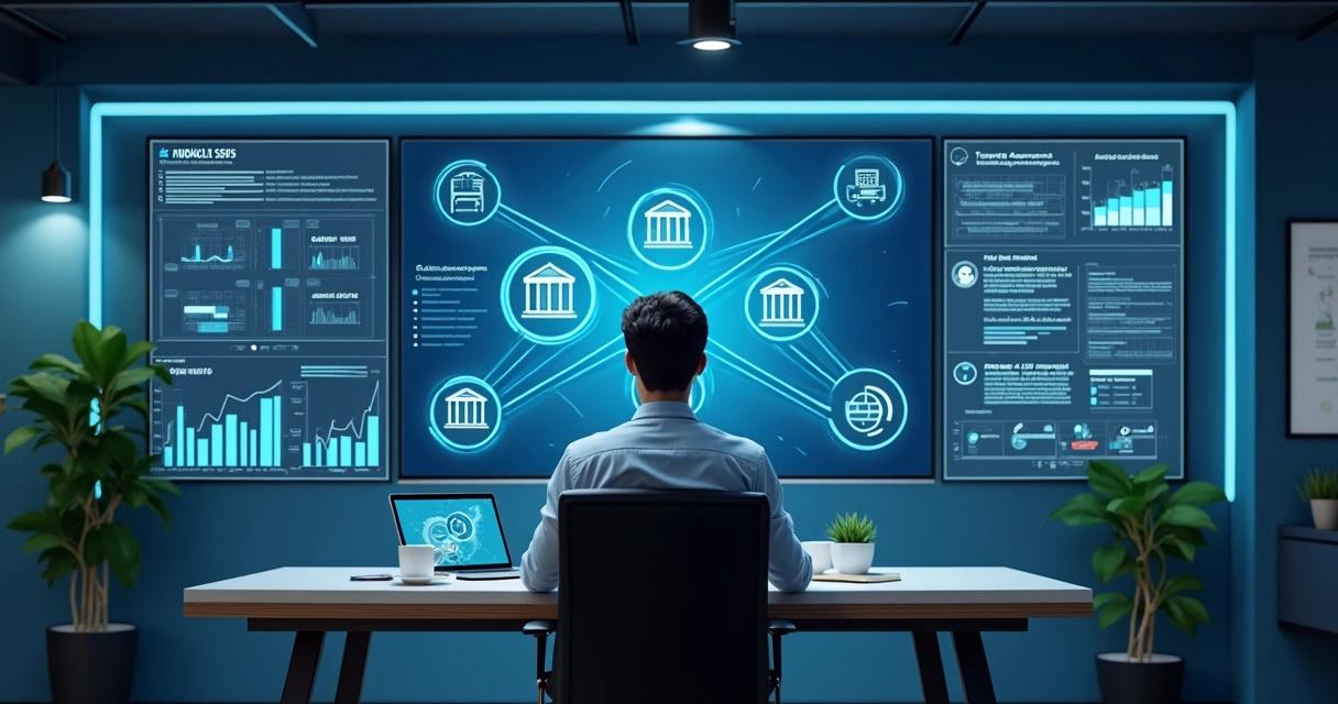Conciliação bancária automática em tela e profissional analisando relatórios digitais
