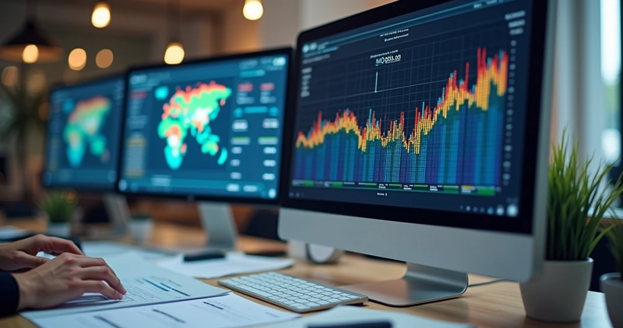 Tela de computador mostrando conciliação bancária automatizada com gráficos de resultados 