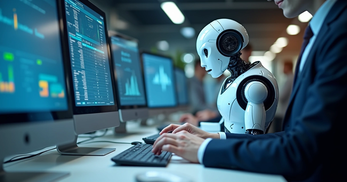 Robô digital conciliando transações financeiras em ambientes de escritório BPO, planilhas e gráficos na tela