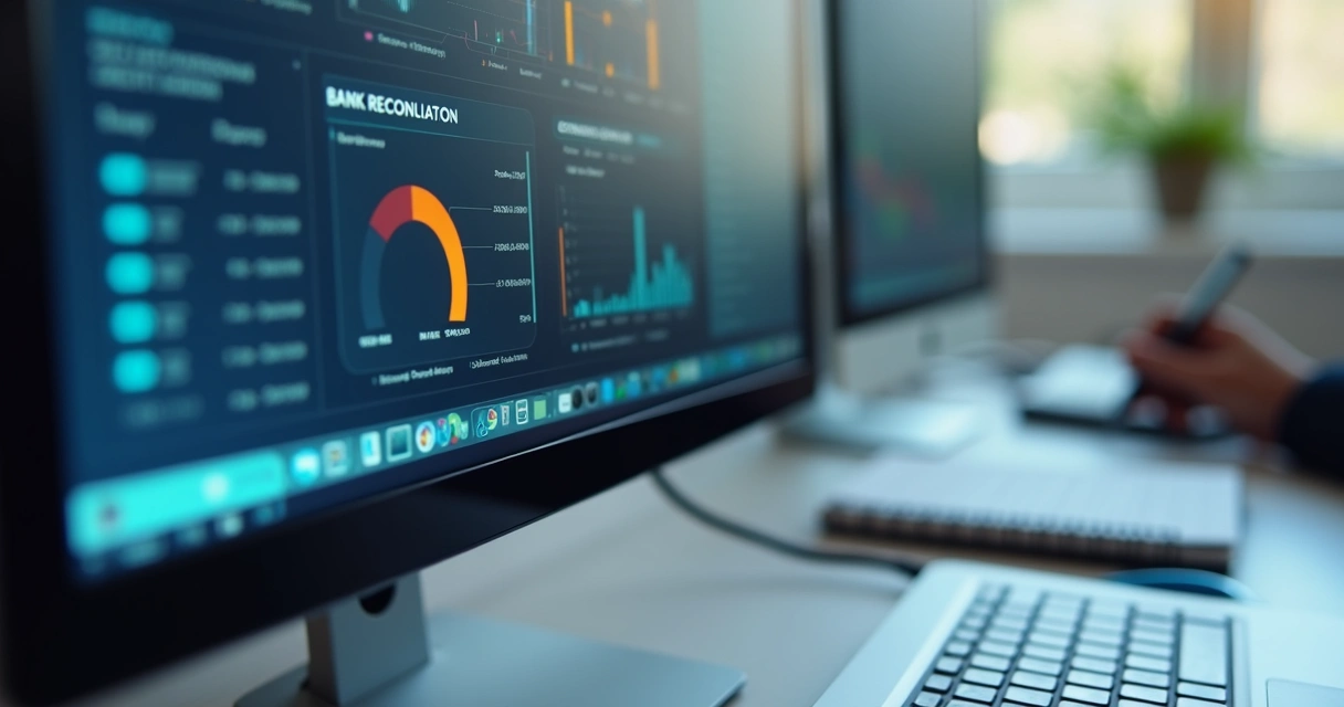 Tela de computador com software mostrando conciliação bancária, gráficos e comprovantes digitalizados ao lado de uma caneta 