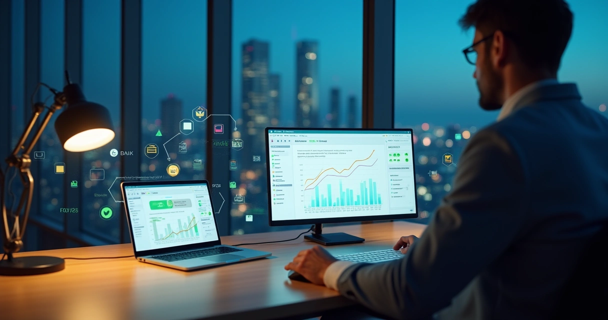 Profissional analisa dashboard de conciliação bancária automatizada em escritório moderno 