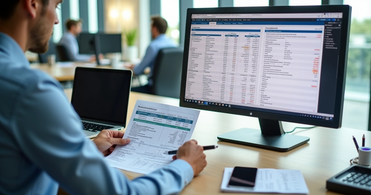 Profissional conciliando extrato bancário com planilha financeira em empresa 