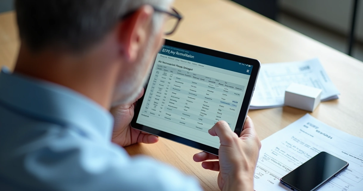 Empreendedor usando sistema ERP em tablet para conciliação bancária 