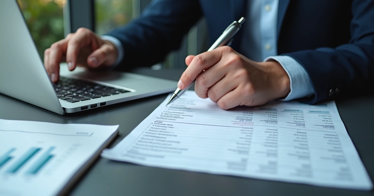 Conciliação bancária feita em notebook por gerente financeiro 