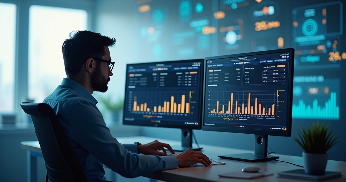 Pessoa analisando tela de conciliação bancária com gráficos digitais ao fundo. 