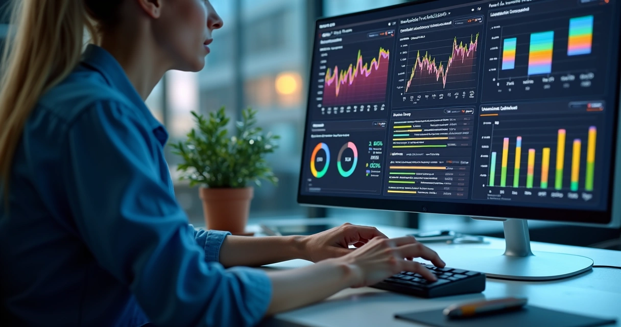 Sistema mostrando conciliação bancária automática com gráficos coloridos em tela ampla 