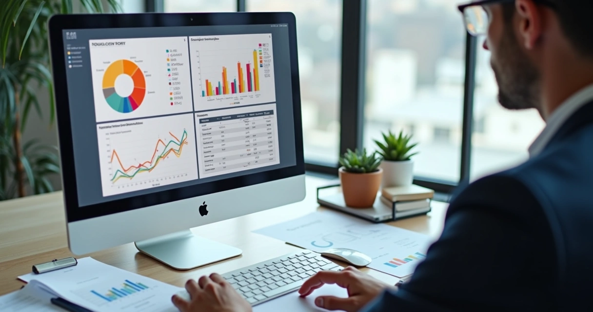 Tela de sistema ERP com relatórios financeiros e contas conciliadas