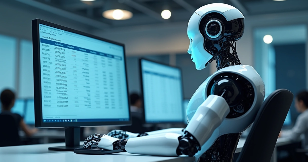 Robô digital realizando conciliação bancária na tela de computador 