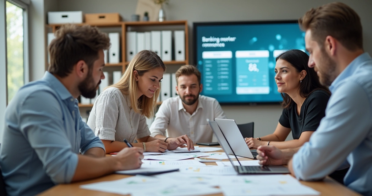 Equipe de uma pequena empresa reunida em uma sala, analisando extratos bancários e documentos financeiros na tela de um computador 