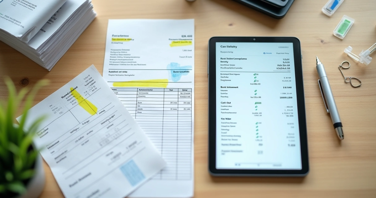 Mesa com notas fiscais, extrato bancário e tablet alinhados em conciliação financeira 