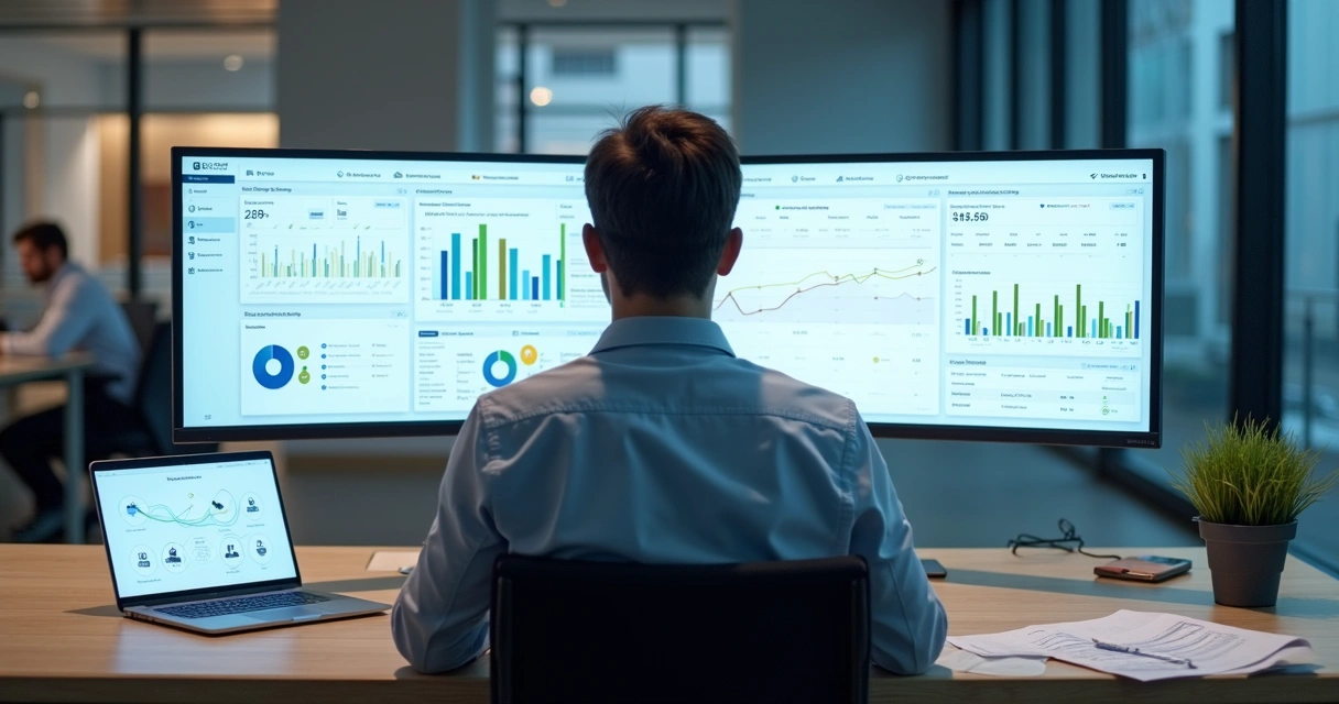 Profissional analisando conciliação contábil em painel com dados bancários e gráficos 